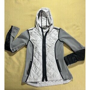 ATHLETA Jacket Womens S White Gray Aries Hooded Quilted Fleece Jacket Full Zip